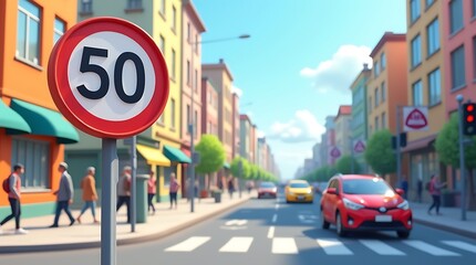 50 mph Speed Limit Sign on a City Street, Generative AI
