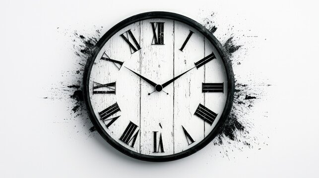 Exploding clock with roman numerals on white background.