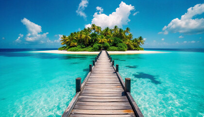 Wooden pier leading to a tropical island