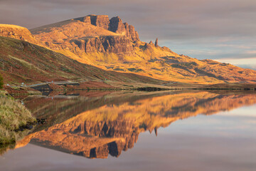 Quiraing mountains Reflections  at a lake in Skye Island, Scotland