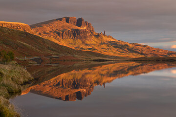 Quiraing mountains Reflections  at a lake in Skye Island, Scotland