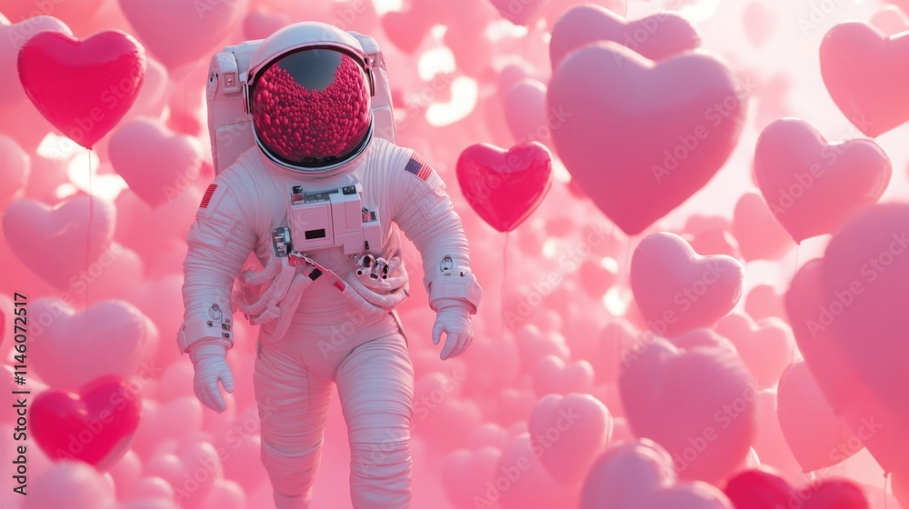 Poster an astronaut in a spacesuit strides through a dreamy atmosphere filled with floating pink hearts.