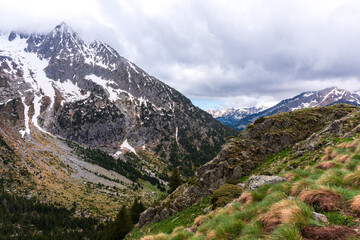 Naklejka premium Paisaje alpino con montañas nevadas, cielo nublado y laderas verdes en primavera. Escenario natural impresionante y sereno. GR11, Lleida