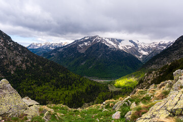 Fototapeta premium Paisaje alpino con montañas nevadas, cielo nublado y laderas verdes en primavera. Un rayo de sol ilumina una parte del bosque. Escenario natural impresionante y sereno. GR11, Lleida, Catalunya