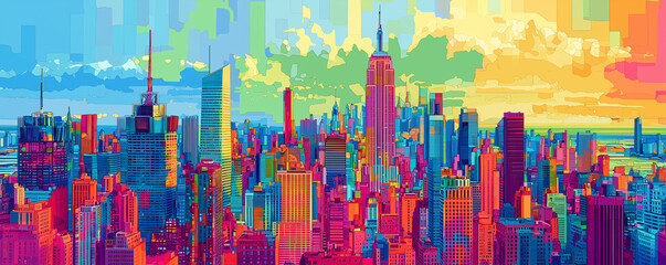 Obraz premium Colorful rainbow themed diverse city buildings landscape pop art style. Colorful rainbow themed diverse city buildings and landscape pop art style, colourful diversity. Manhattan, New York, America. 