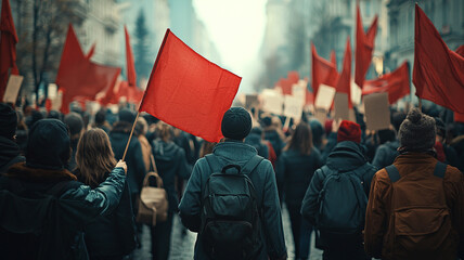 Protest March  Crowd with Red Flags  Urban Demonstration