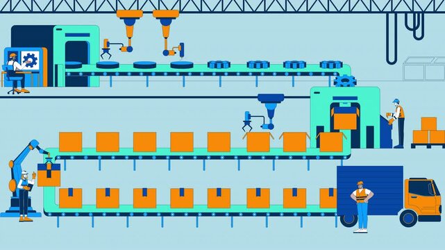 Automotive parts manufacturer cartoon animation. Robotics factory production lines 4K video 2D motion graphic. Human workers monitoring industrial robots animated characters on blue background