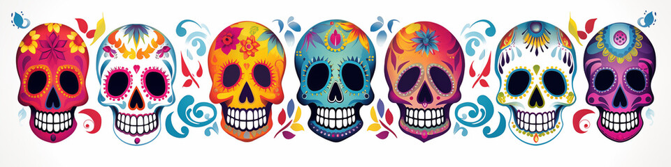 Day of the Dead, sugar skulls with colorful designs, floral patterns, and festive decorations celebrate Mexican tradition.