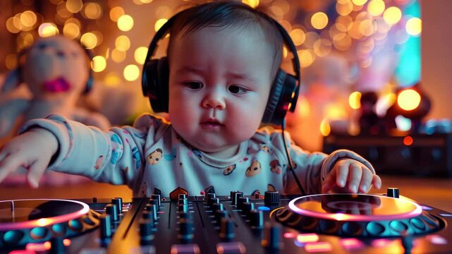 Cute baby shows off DJ skills while enjoying colorful lights at home party