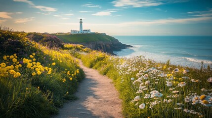 Scenic Pathway Near a Lighthouse by the Ocean with Colorful Flowers
