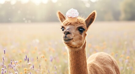 Obraz premium Adorable alpaca in a field of wildflowers, wearing a fluffy crown. Perfect for farm, nature, or animal themes.
