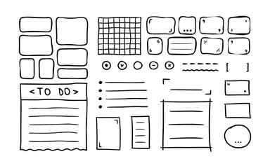 Hand drawn underlines, speech bubbles, shapes, frames, arrows, strokes, check marks, spiral. Text box. Bullet journal elements. Sketch emphasis by pen, pencil or marker. Vector design elements set.