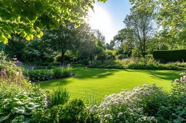 Fototapeta premium Lush Green Garden Oasis with Vibrant Flowers Under Bright Sunlight in a Picturesque Landscape Offering a Peaceful Retreat and Serenity in Nature
