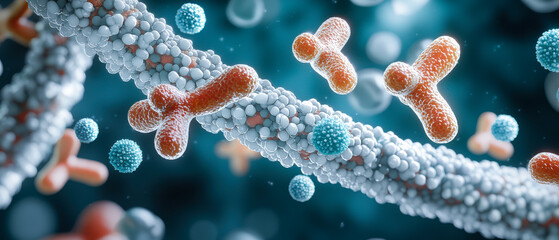 Fototapeta premium Norovirus outbreak concept and health themes, Microscopic view of colorful bacteria and molecules on a strand, illustrating a vibrant microbial world.