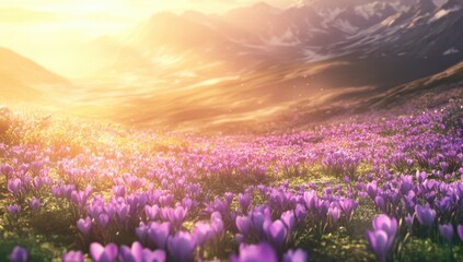Naklejka premium Magical Sunrise Over a Flowering Meadow Filled with Vibrant Crocus Blooms in the Majestic Mountains, Casting a Warm Glow on Nature's Beauty