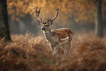 Obraz premium A lone deer grazes in a sun-drenched forest clearing.. Beautiful simple AI generated image