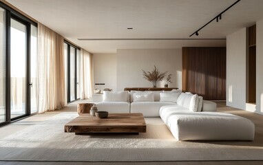 Fototapeta premium Spacious living room in minimalist style with white sofa, wooden coffee table, large windows, and light wall finishes