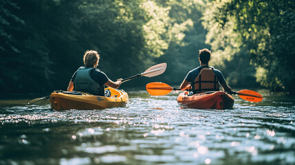 A couple kayaking on a river, paddles cutting through the water, surrounded by trees and nature.