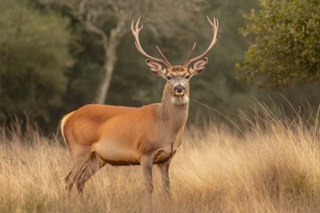 Fototapeta premium A lone deer grazes in a sun-drenched forest clearing.. Beautiful simple AI generated image