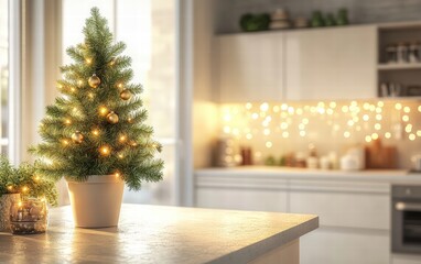 A bright modern kitchen with a potted Christmas tree on the counter and soft golden lights