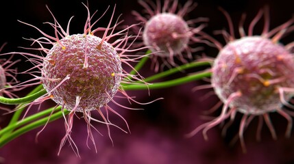 Fototapeta premium Norovirus outbreak concept and health themes, Microscopic view of stylized pathogens with intricate details, showcasing their structure and vibrancy against a dark background.
