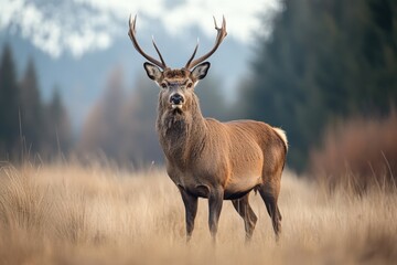 Fototapeta premium A lone deer grazes in a sun-drenched forest clearing.. Beautiful simple AI generated image