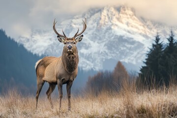 Fototapeta premium A lone deer grazes in a sun-drenched forest clearing.. Beautiful simple AI generated image