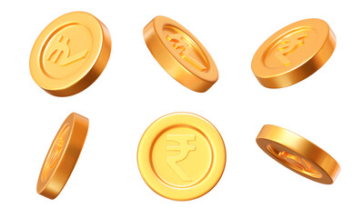 3d set of golden coins of Indian rupees with different angles. Stock vector illustration on isolated background.	
