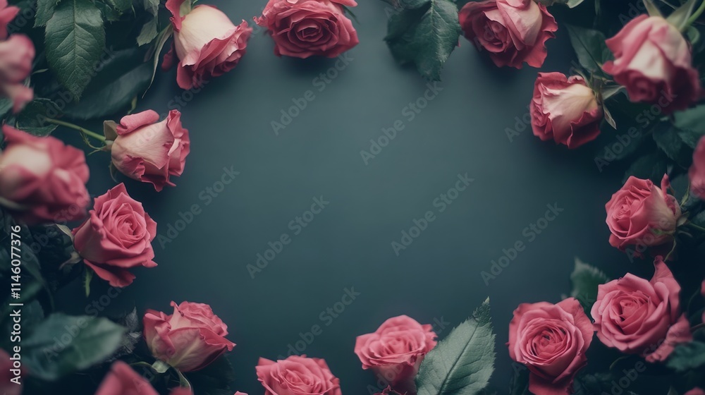 Poster a circular arrangement of pink roses on a dark surface creates a heart shape, ideal for expressing l