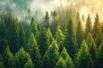 Fototapeta premium Breathtaking Forest Landscape with Dense Pine Trees and Misty Atmosphere Captured in Majestic Natural Light