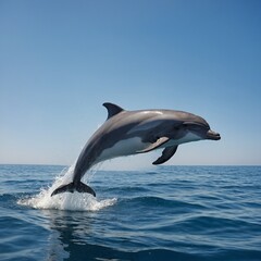Fototapeta premium A graceful dolphin leaping from the ocean in front of a soft blue sky.