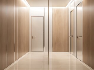 Modern interior hallway with minimalist design featuring wooden walls, sleek doors, and bright lighting creating a spacious and inviting atmosphere for contemporary spaces.
