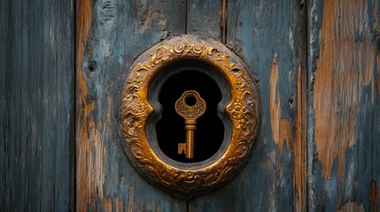 Fototapeta premium Close-up of an ornate keyhole set in a weathered wooden door, inviting curiosity and mystery.