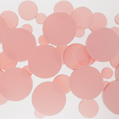 Pink flying smooth transparent glass circles pattern on white abstract background, top view. 3D illustration with circles texture in purity, cosmetic, geometric style for sale, advertising, design.