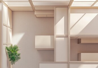 Fototapeta premium Modern Minimalist Interior Design with Natural Light and Green Plant Elements for Contemporary Living Spaces and Aesthetic Home Decoration Ideas
