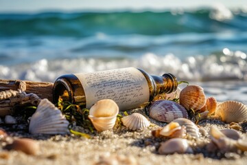 Message in a bottle on the shore coastal beach ocean props natural scenery close-up view seaside concept of mystery and discovery