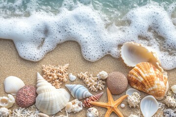Collecting seashells by the sea shore a stunning closeup of diverse shells and props on sandy beach natural ocean environment artistic perspective for sea lovers