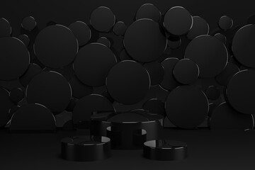 Festive black abstract stage - three black glossy plastic round podiums mockup, flying black circles. Template 3D illustration new year scene for presentation cosmetic products, goods, advertising.