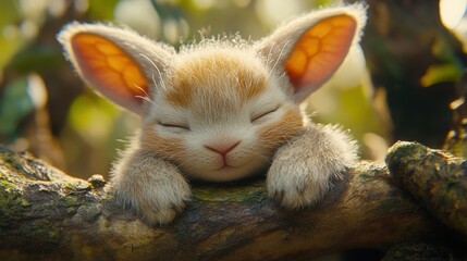 Obraz premium Close-up of fluffy ears and round nose, resting peacefully on a branch.