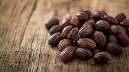 Naklejka premium Close-up of glistening jojoba seeds scattered on a wooden surface, showcasing their rich, earthy tones and textures.