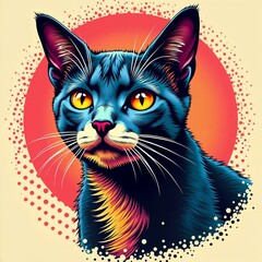 Colorful pop-art cat with yellow eyes and bold blue and orange fur.Vibrancy. Expression. Artistic freedom.Pop-art style, vibrant colors, playful design, marketing materials, creative promotion.
