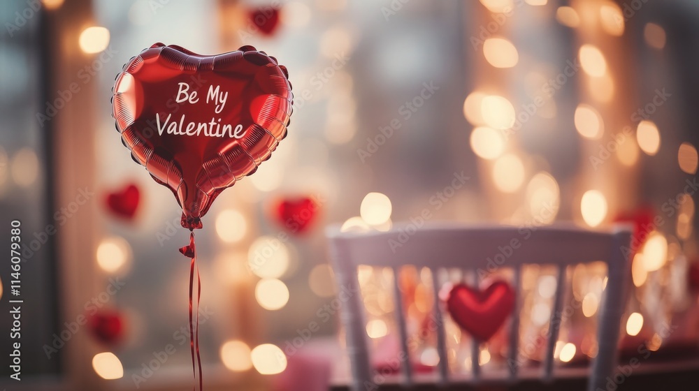 Poster an inviting and romantic space features a red heart balloon that reads be my valentine.