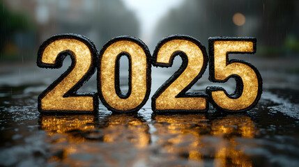 2025: Illuminated Numbers Reflecting in Rain