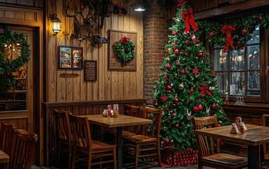 Obraz premium A festive Christmas tree with vibrant red and green decorations, placed in the corner of a rustic-style restaurant with wooden interiors