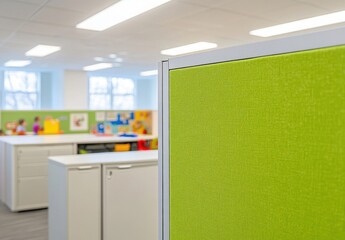 Modern Office Interior with Green Partition and Workspace for Collaboration and Creativity, Featuring Bright Colors and Functional Design Elements for Productive Environment