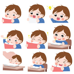 Set of Icon cute kids reading asking, study, sleep. flat illustration for web emoticon, icon, logo