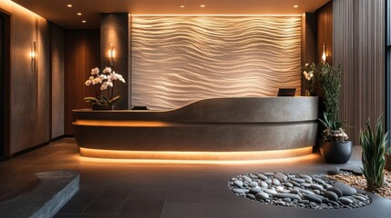 Lobby Area with Contemporary Decor, Backlit Textured Wall, Sleek Reception Desk, Wooden Wave-like Patterned Wall, Neutral Seating, Strategically Placed Plants, Evenly Distributed Lighting