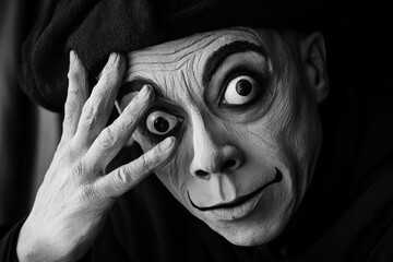 A black and white portrait capturing a mime's exaggerated expressions, with whitened face paint and intense eye contact, evoking a sense of mystery and emotion.
