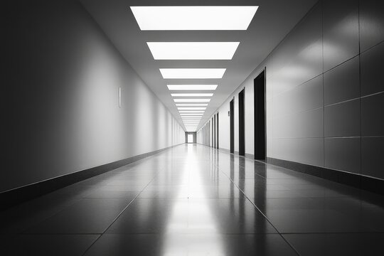 A seemingly endless corridor illuminated by bright, rectangular ceiling lights creates a futuristic and sterile ambiance, symbolizing progress and continuity.