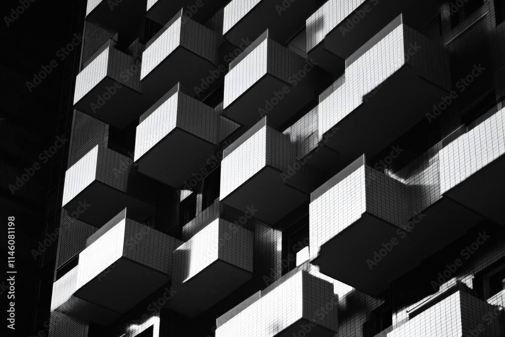 Poster a black and white photograph showcasing the abstract design of a building's balconies, capturing the